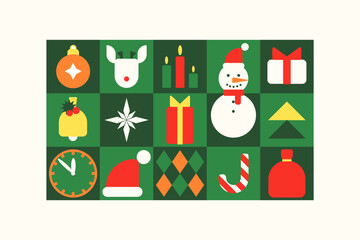 Fototapeta premium Cool Of Christmas Geometric Pattern. Abstract green background. Simple Holiday geometric elements. Swiss Design Shapes. Bauhaus Decorative Banner