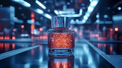 A sleek, modern perfume bottle filled with shimmering red liquid, set against a futuristic illuminated backdrop.