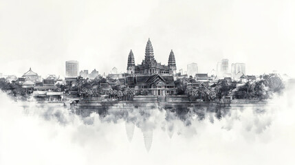 Fototapeta premium Phnom Penh, Cambodia, black and white pen pencil hand-drawn effect drawing illustration for travel poster, card, wallpaper, backdrop or banner. Modern, clear, artistic and simple