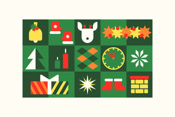 Cool Of Christmas Geometric Pattern. Abstract green background. Simple Holiday geometric elements. Swiss Design Shapes. Bauhaus Decorative Banner