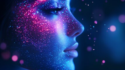 A mesmerizing portrait of a woman's profile, adorned with vibrant, colorful sparkles against a deep blue background, creating a dreamlike atmosphere.
