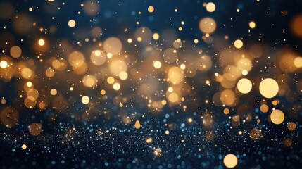 Obraz premium Abstract background with gold stars, particles and sparkling on navy blue. Christmas Golden light shine particles bokeh on navy blue background. 2024 New year background. Gold foil texture.