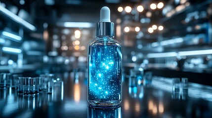 A sleek glass bottle containing a luminous blue serum sits elegantly on a dark surface, surrounded by a softly lit, modern setting.