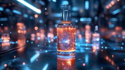 A glowing glass bottle filled with a luminous liquid, surrounded by a futuristic, high-tech environment.