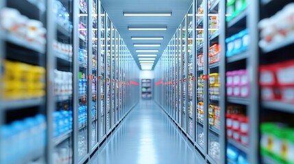 Obraz premium Frozen food neatly packed in a temperature-controlled storage facility, advanced refrigeration systems