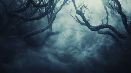Dark forest with mist swirling around twisted branches