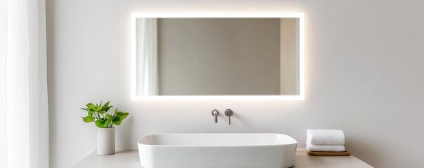 Rectangular frameless mirror with soft lighting in a gray minimalist bathroom, minimalist bathroom mirror, sleek simplicity
