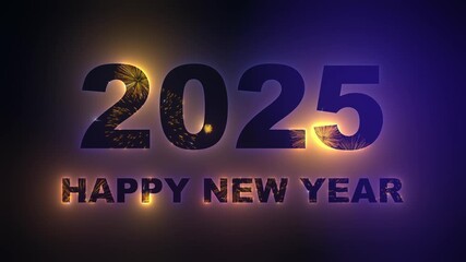 Colorful festive background transitioning from 2024 to 2025, vibrant golden yellow fireworks illuminating night sky, joyful Happy New Year message in glowing letters, celebratory mood.