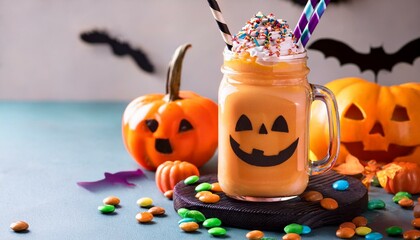 Fototapeta premium Halloween pumpkin milkshake decorated with candy
