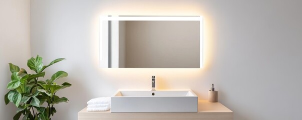Rectangular mirror with integrated lighting in a minimalist bathroom with soft lighting, minimalist bathroom mirror, sleek and modern