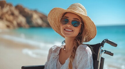 disabled young woman in a wheelchair enjoying the beach with full accessibility celebrating happiness freedom and mobility during her vacation in the sun by the ocean