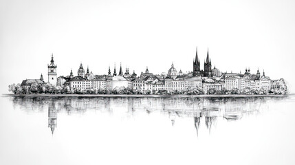 Naklejka premium Plze, Czech, black and white pen pencil hand-drawn effect drawing illustration for travel poster, card, wallpaper, backdrop or banner. Modern, clear, artistic and simple