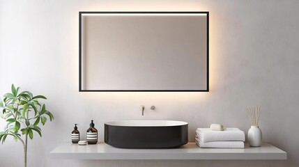Fototapeta premium Rectangular mirror with matte black frame and soft lighting, minimalist bathroom mirror, modern boldness