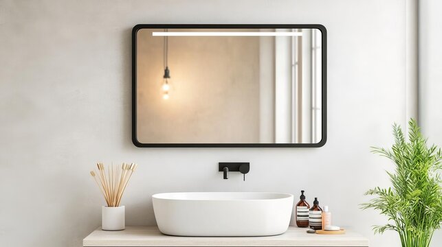 Rectangular mirror with matte black frame and soft lighting, minimalist bathroom mirror, modern boldness