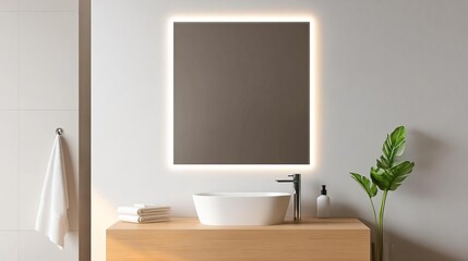 Square frameless mirror with backlighting in a minimalist bathroom, minimalist bathroom mirror, modern elegance