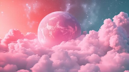 Obraz premium dreamy cosmic landscape surreal pink planet floating in cotton candy clouds against starry background whimsical dolllike aesthetic creates enchanting extraterrestrial scene