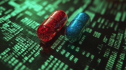 red and blue pill choice on green data background offering a symbolic decision concept for digital future and technology selection representing virtual reality and binary paths in a digital world