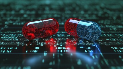 red and blue pill choice on green data background offering a symbolic decision concept for digital future and technology selection representing virtual reality and binary paths in a digital world