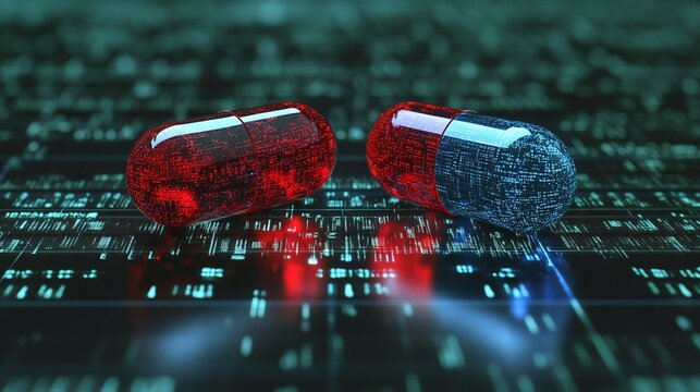 red and blue pill choice on green data background offering a symbolic decision concept for digital future and technology selection representing virtual reality and binary paths in a digital world