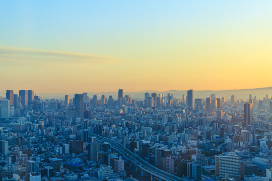 展望台から見えた早朝の大阪の都市風景