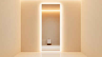 Tall frameless mirror with recessed lighting in a beige minimalist bathroom, minimalist bathroom mirror, warm simplicity