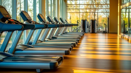 Modern gym features multiple treadmills lined up for workout sessions with copy space for text, gym advertising, gym advert poster, healthy life advertising