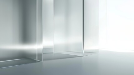 Abstract interior with light shining through several glass panels, creating a modern and minimalist architectural space