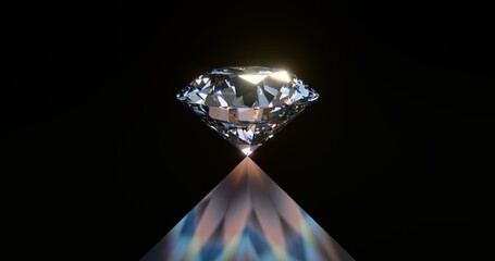 Diamond shining on reflective surface with colorful caustics rays. 3D rendering.