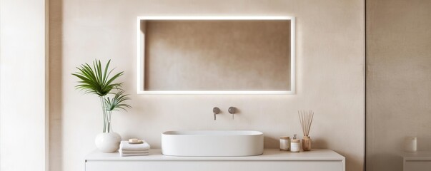 Fototapeta premium Tall frameless mirror with soft lighting in a neutral-toned bathroom, minimalist bathroom mirror, modern sleekness