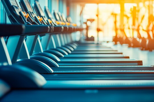 Empty gym with treadmills under warm sunset light with copy space for text, gym advertising, gym advert poster, healthy life advertising