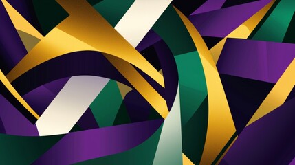 Obraz premium Captivating modern geometric shapes overlap and intertwine, creating depth and movement with a touch of luxury in vibrant gold, purple, green, white, and black