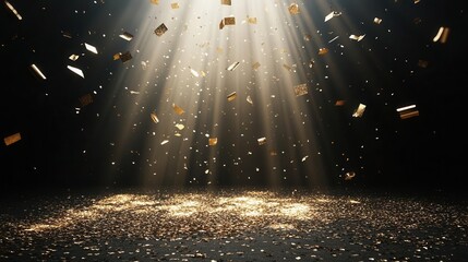 ethereal golden confetti falling in spotlight beam on dark stage empty space with atmospheric lighting for celebratory concept
