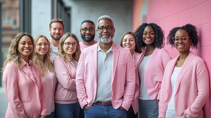 breast cancer awareness advocates in pink clothing group portrait with a man in the middle showing unity solidarity and strength in the fight against cancer through health advocacy and community suppo