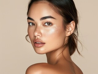 A woman with a tan complexion and brown eyes is posing for a photo