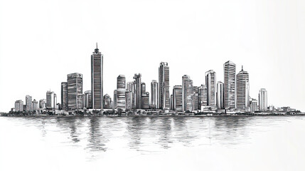 Obraz premium Port of Spain, Trinidad, black and white pen pencil hand-drawn effect drawing illustration for travel poster, card, wallpaper, backdrop or banner. Modern, clear, artistic and simple