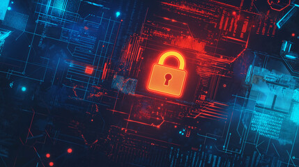 Glowing padlock icon on circuit board depicting cybersecurity concept