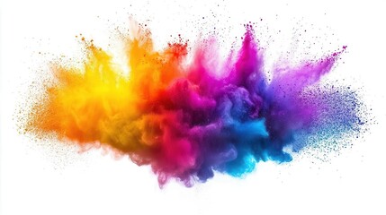 explosive burst of vibrant colored powder against pure white background freezeframe capture of dynamic abstract art moment