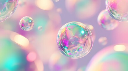 Colorful soap bubbles float on holographic background, reflecting a rainbow of pastel colors. Perfect for festive and joyful projects, creating a magical atmosphere