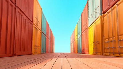 Fototapeta premium Colorful shipping containers lined up on a wooden deck at a lively port on a bright sunny day