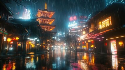 Naklejka premium futuristic cyberpunk cityscape at night neonlit japanese temple juxtaposed against towering skyscrapers rainslicked streets reflecting vibrant holographic advertisements