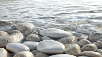 Smooth white stones peacefully scattered in crystal clear water, reflecting the sky, creating a serene and tranquil atmosphere perfect for meditation or spa designs