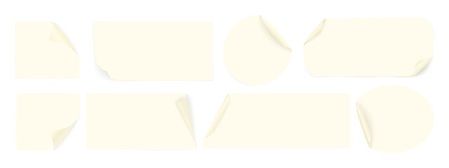 Set of beige paper labels in various geometric shapes with curved corners. Blank adhesive paper or plastic stickers. Vector reminders
