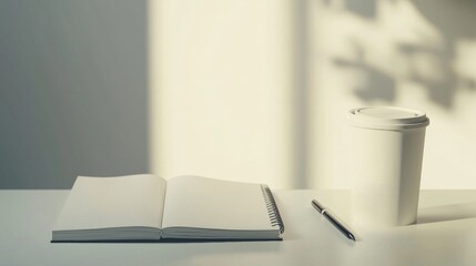 Open notebook on a white desk in morning sunlight, with a coffee cup and pen casting shadows, perfect for working from home or studying in a serene space