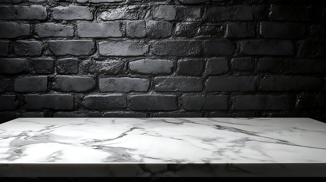 A sleek marble countertop against a textured black brick wall, ideal for showcasing products or food.