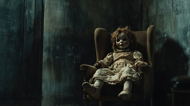 Creepy doll sitting in a chair in a dark room