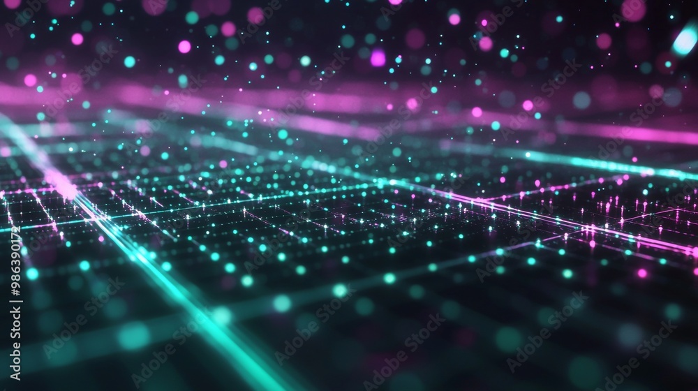 Poster futuristic abstract background with glowing grid and particles, creating a sense of depth and techno