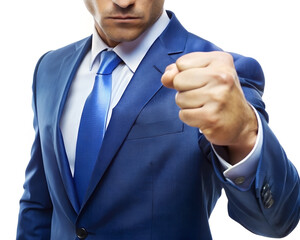 A determined businessman in a blue suit shows his clenched fist in a power stance, symbolizing...