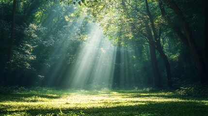 Obraz premium Sunbeams Illuminating a Lush Forest Clearing