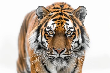 A tiger is standing in front of a white background