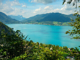 View of Attersee lake from Klettersteig mountain, Austria. Attersee Lake from alp mountain Klettersteig. Salzburgerland, Austria.	